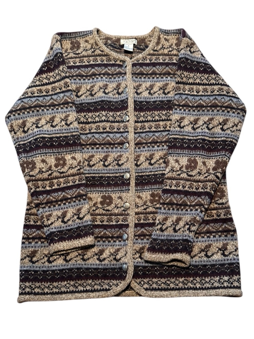 Vintage SKYR 100% Wool Fair Isle Nordic Cardigan Sweater Oversized Small Cabin